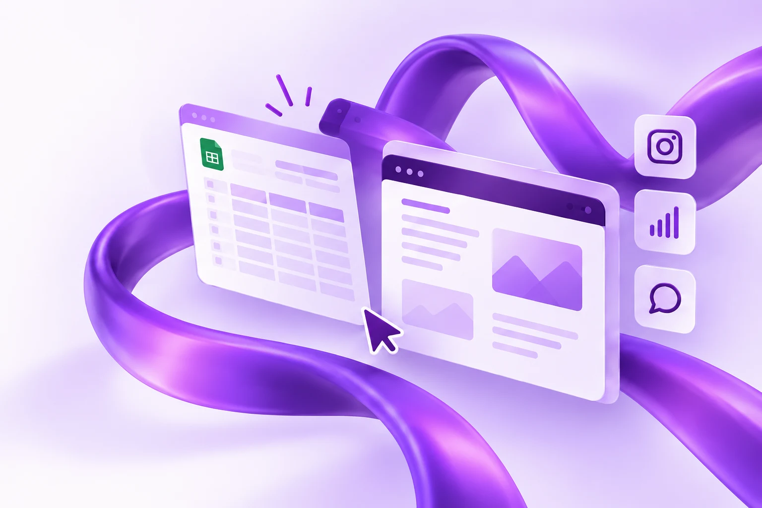 Una planilla, una página web y herramientas de redes conectadas por una cinta violeta.